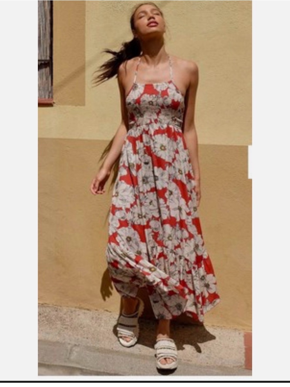 Free People Red and Cream Floral Halter Maxi Dress